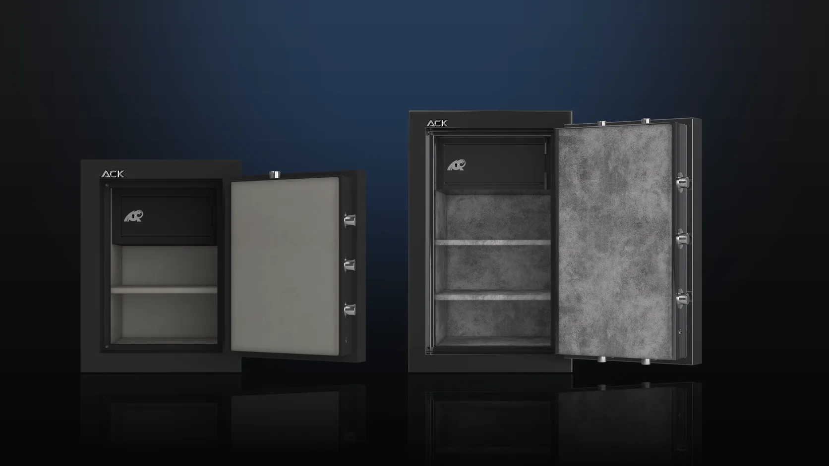 ACK Metal E-600 ve E-800 ev ve ofis çelik para kasaları, açık kapaklı iç düzen